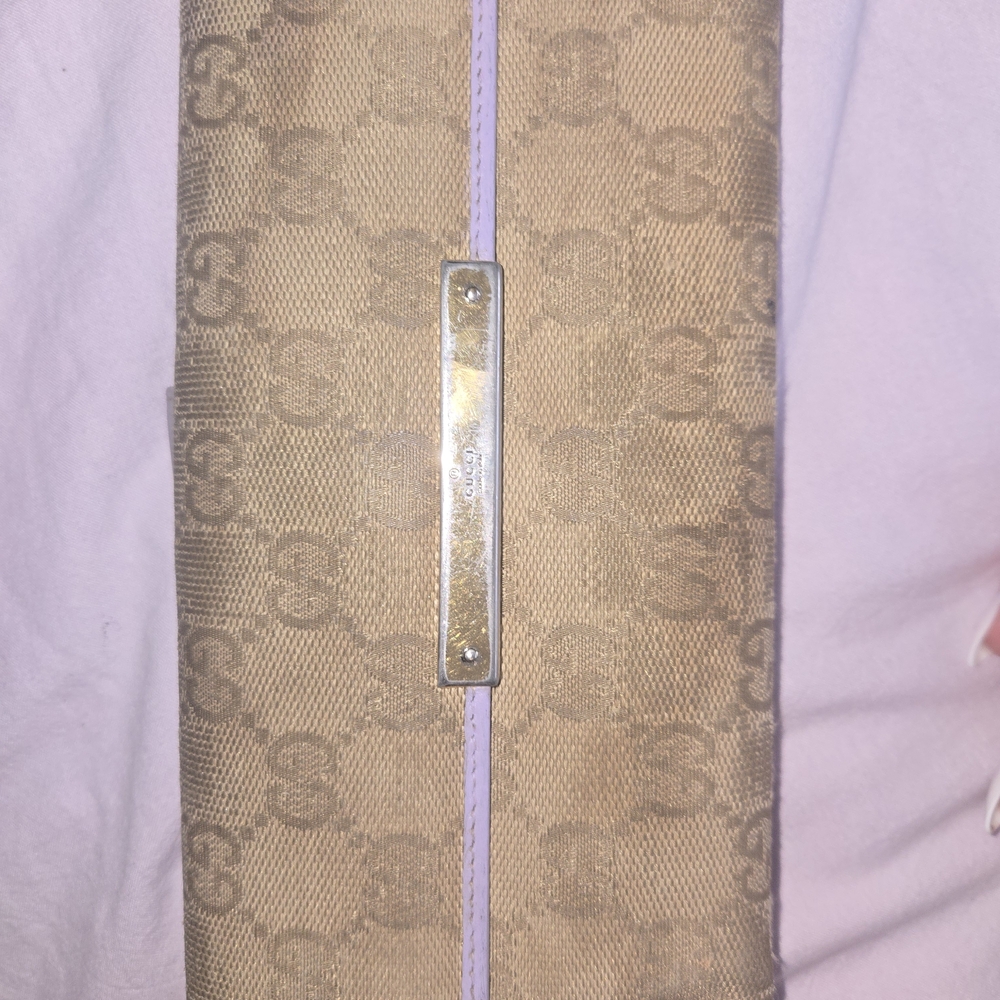 Gucci Beige Monogram Canvas Clutch with Lilac Trim